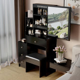 CIATRE Small Space Left Bedside Cabinet Vanity Table + Cushioned Stool, Extra Large Right sliding mirror, Multi Layer High Capacity Storage, Practical Fashionable Dresser, Black