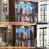 Aheaplus Industrial Pipe Clothing Rack, Reversible 79.7” Clothes Rack for Hanging Clothes, Heavy Duty Garment Racks Closet Wardrobe with LED Lights& Shelves, Walk-in Closet System, Black