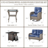 Patio Wicker Chairs Swivel Rocker – Outdoor Swivel Rocking Chairs Set of 2 with Rattan Side Table, Patio Swivel Glider Chair 3 Piece Patio Furniture Sets for Deck Porch Pool Brown/Blue