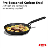 OXO Obsidian Pre-Seasoned Carbon Steel, 12 Wok Pan with Removable Silicone Handle Holder, Induction, Oven Safe, Black