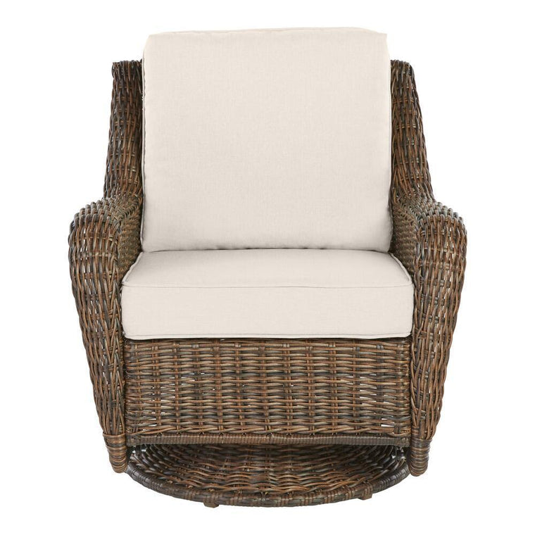 Hampton Bay Cambridge Brown Wicker Outdoor Patio Swivel Rocking Chair with CushionGuard Almond Tan Cushions