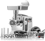 STX Turboforce IIPlatinum w/Foot Pedal Heavy Duty Electric Meat Grinder & Sausage Stuffer: 6 Grinding Plates, 3 S/S Blades, 3 Sausage Tubes, Kubbe, 2 Meat Claws, Burger-Slider Patty Maker – White