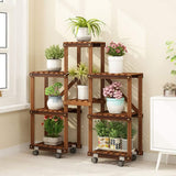 Storage Shelves Flower Pot Holder Wooden Shelving Plant Display Stand Carbonized Potted Rack 5 Tier with Wheels Floor Shelf for Indoor Outdoor Garden Decoration