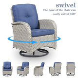 Patio Wicker Chairs Swivel Rocker – Outdoor Swivel Rocking Chairs Set of 2 with Rattan Side Table, Patio Swivel Glider Chair 3 Piece Patio Furniture Sets for Deck Porch Pool Brown/Blue