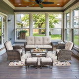 Patio Wicker Chairs Swivel Rocker – Outdoor Swivel Rocking Chairs Set of 2 with Rattan Side Table, Patio Swivel Glider Chair 3 Piece Patio Furniture Sets for Deck Porch Pool Brown/Blue