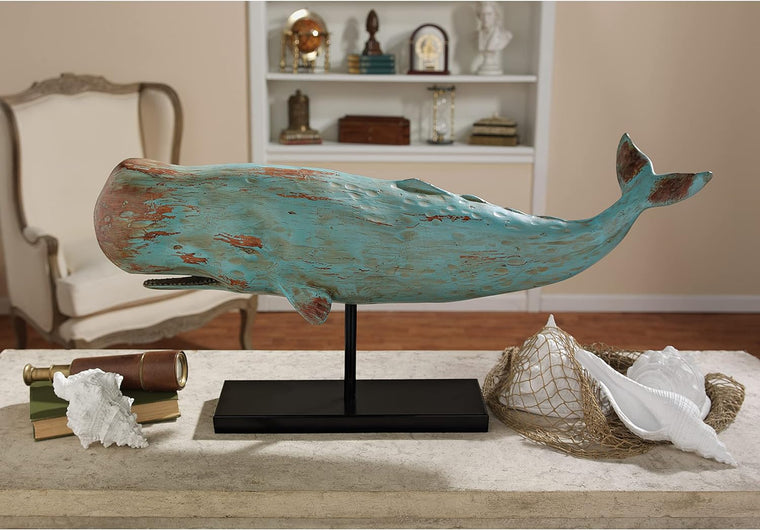 Design Toscano SD1120725 Folk Art Faux Wood Whale Statue on Display Stand, 30 Inch, Blue