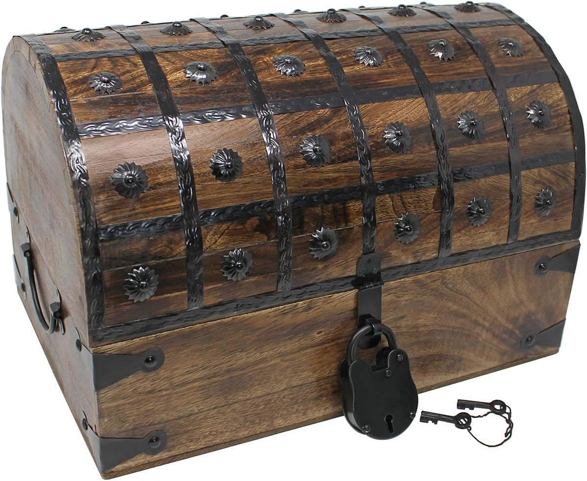 Nautical Cove Pirate Treasure Chest with Iron Lock and Skeleton Key – Storage and Decorative Box (X-Large 16 x 11 x 10.5) Pack of 2