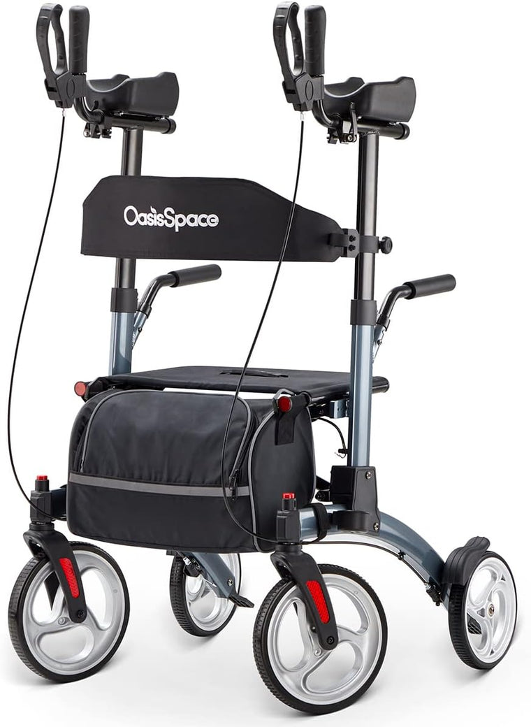 OasisSpace Upright Walker with Seat – Up Walker with Padded Armrest & Stand Up Handles, Ultra Folding Stand Up Rollator Walker for Seniors with 10?? Front Wheels