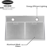 Cosmo 5U30 30 in. Under Cabinet Range Hood with Ducted / Ductless Convertible Slim Kitchen Over Stove Vent, 3 Speed Exhaust Fan, Reusable Filter, LED Lights in Stainless Steel