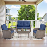 Patio Wicker Chairs Swivel Rocker – Outdoor Swivel Rocking Chairs Set of 2 with Rattan Side Table, Patio Swivel Glider Chair 3 Piece Patio Furniture Sets for Deck Porch Pool Brown/Blue