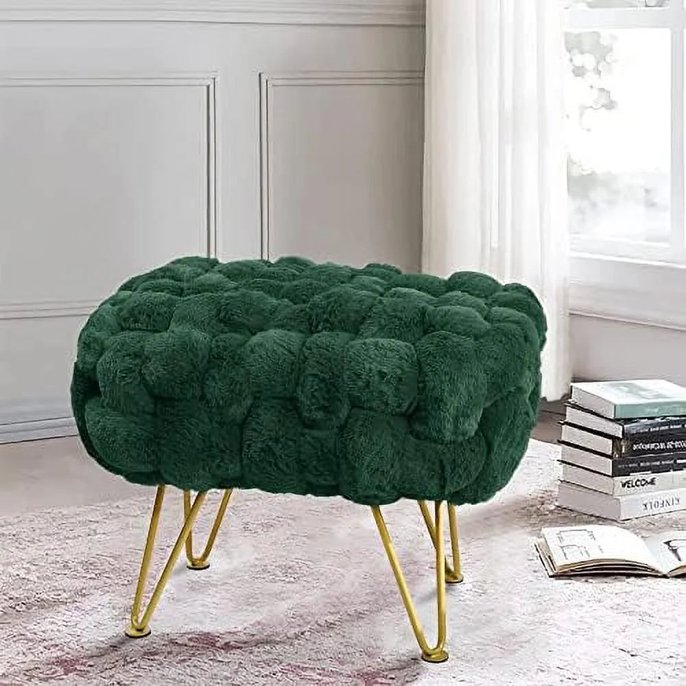 Pink Soft Faux Ottoman Fuzzy Entryway Bench Seat 27x20x19 Sturdy Accent Coffee Table for Living Room Make up Vanity Fluffy Shoe Stool with Golden Legs for Bedroom Closet F