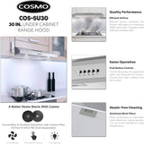 Cosmo 5U30 30 in. Under Cabinet Range Hood with Ducted / Ductless Convertible Slim Kitchen Over Stove Vent, 3 Speed Exhaust Fan, Reusable Filter, LED Lights in Stainless Steel