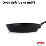 OXO Obsidian Pre-Seasoned Carbon Steel, 12 Wok Pan with Removable Silicone Handle Holder, Induction, Oven Safe, Black