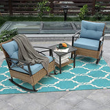 Outdoor Wicker Rocking Chairs Patio – 3 Pieces Patio Furniture Rattan Rocker Chairs Wicker Rocking Bistro Set with Cushions and Side Table for Garden Patio Yard Porch Lawn Balcony (Blue)