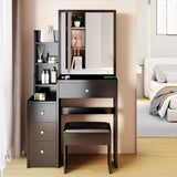 CIATRE Small Space Left Bedside Cabinet Vanity Table + Cushioned Stool, Extra Large Right sliding mirror, Multi Layer High Capacity Storage, Practical Fashionable Dresser, Black