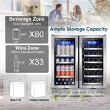 Tittla 30 Inch Wine Fridge, Dual Zone Wine and Beverage Refrigerator with 33 Bottle and 80 Can Wine Cooler Under Counter Freestanding
