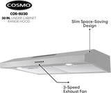 Cosmo 5U30 30 in. Under Cabinet Range Hood with Ducted / Ductless Convertible Slim Kitchen Over Stove Vent, 3 Speed Exhaust Fan, Reusable Filter, LED Lights in Stainless Steel